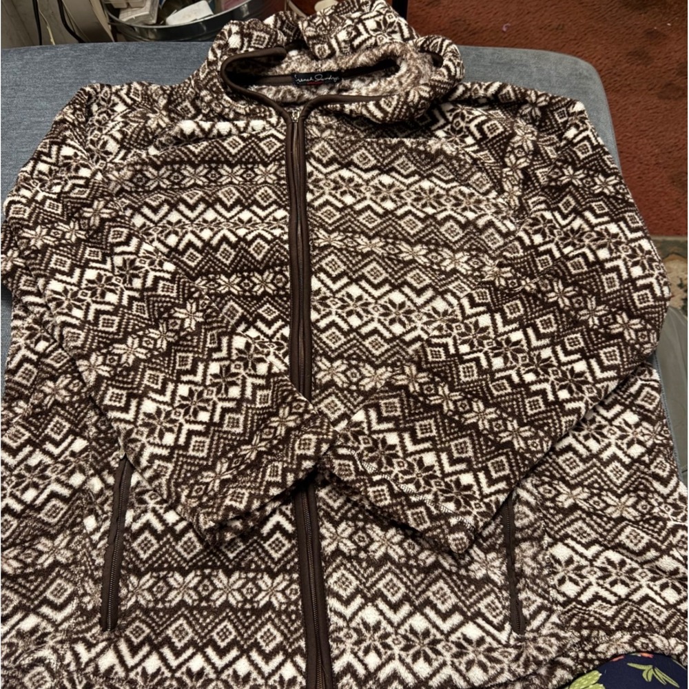 French Laundry Woman Brown Fair Isle Faux Fur Zip Up Hoodie Jacket
